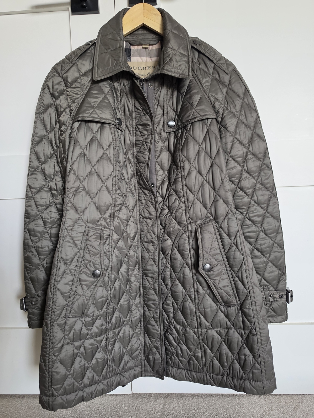 Burberry Quilted Long Jacket in Olive Gray